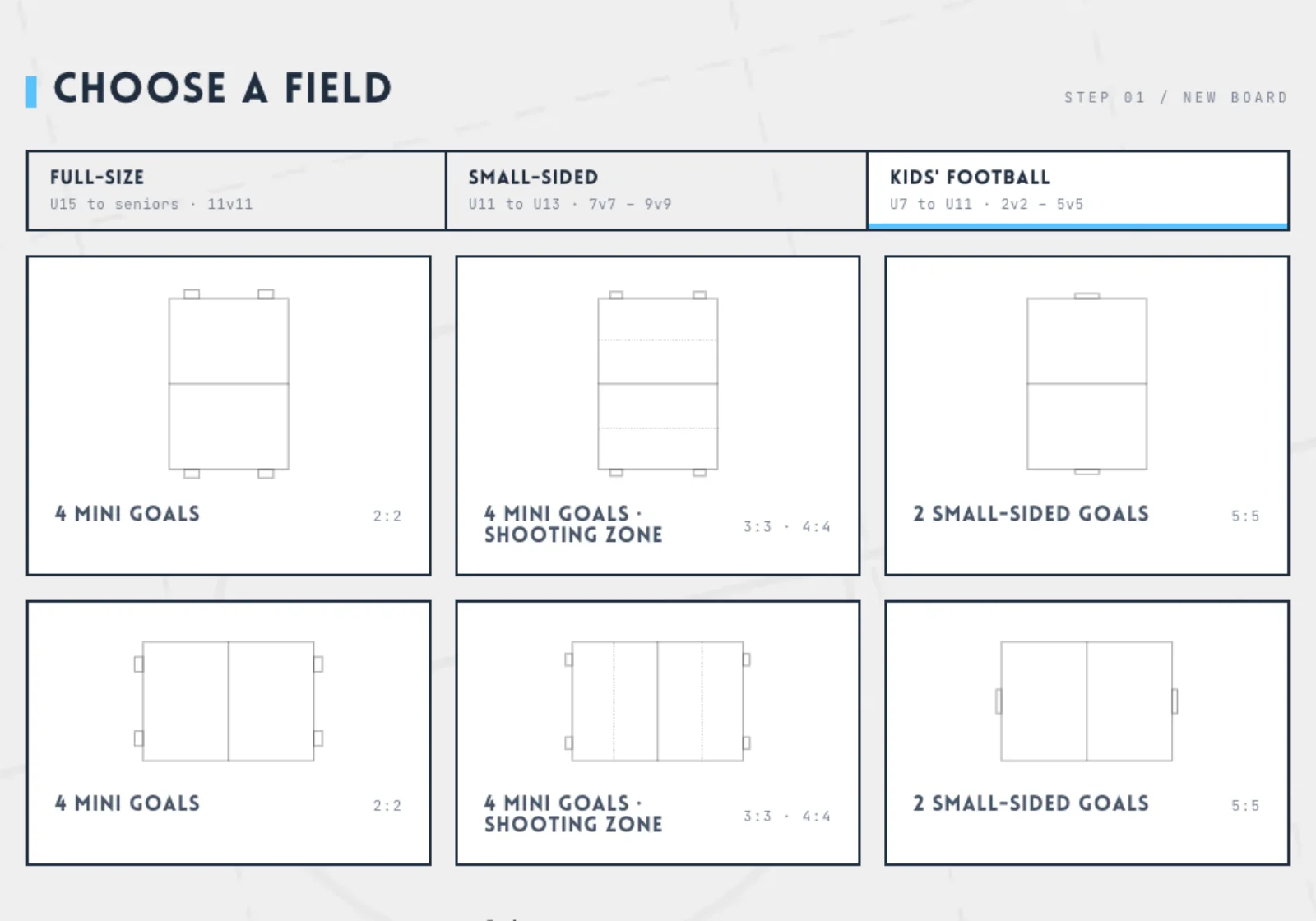 Pitch selector, kids' football with four mini goals, shooting zone or two small goals