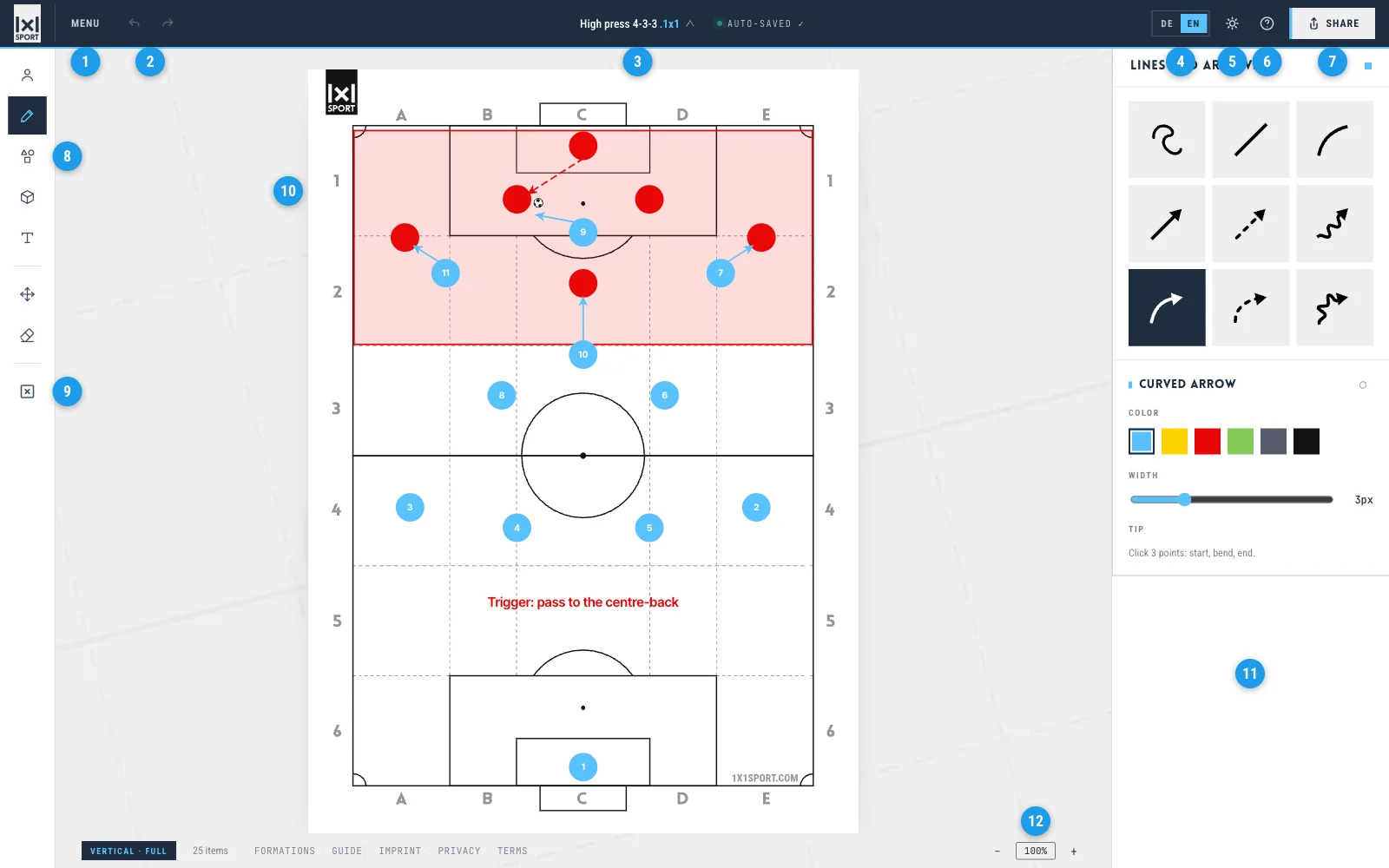 Taktikapp interface with numbered areas: menu, undo, board name, language, light/dark, guide, share, toolbar, clear pitch, pitch, settings, zoom