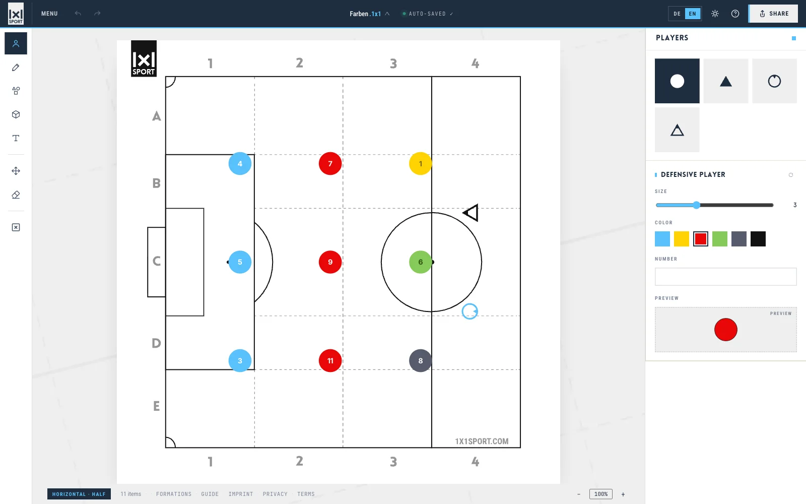 Players tool with colours, size and shirt numbers on a half pitch
