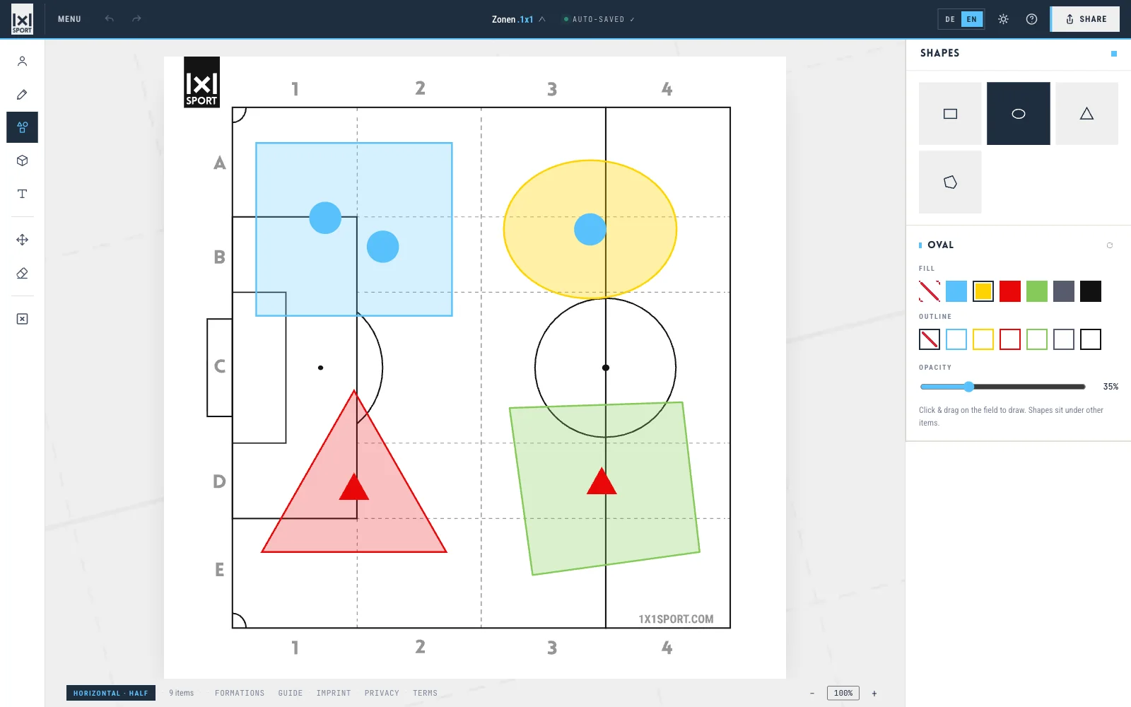 Shapes tool: rectangle, oval, triangle and freeform with fill, outline and opacity