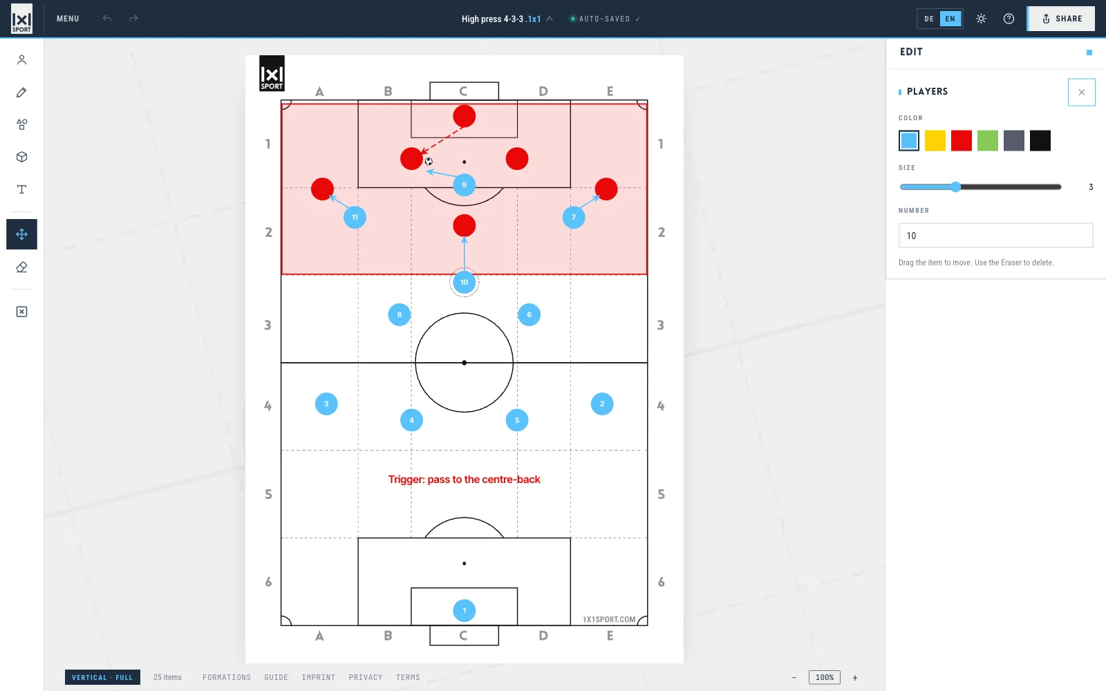 Edit tool: selected player with colour, size and number in the panel