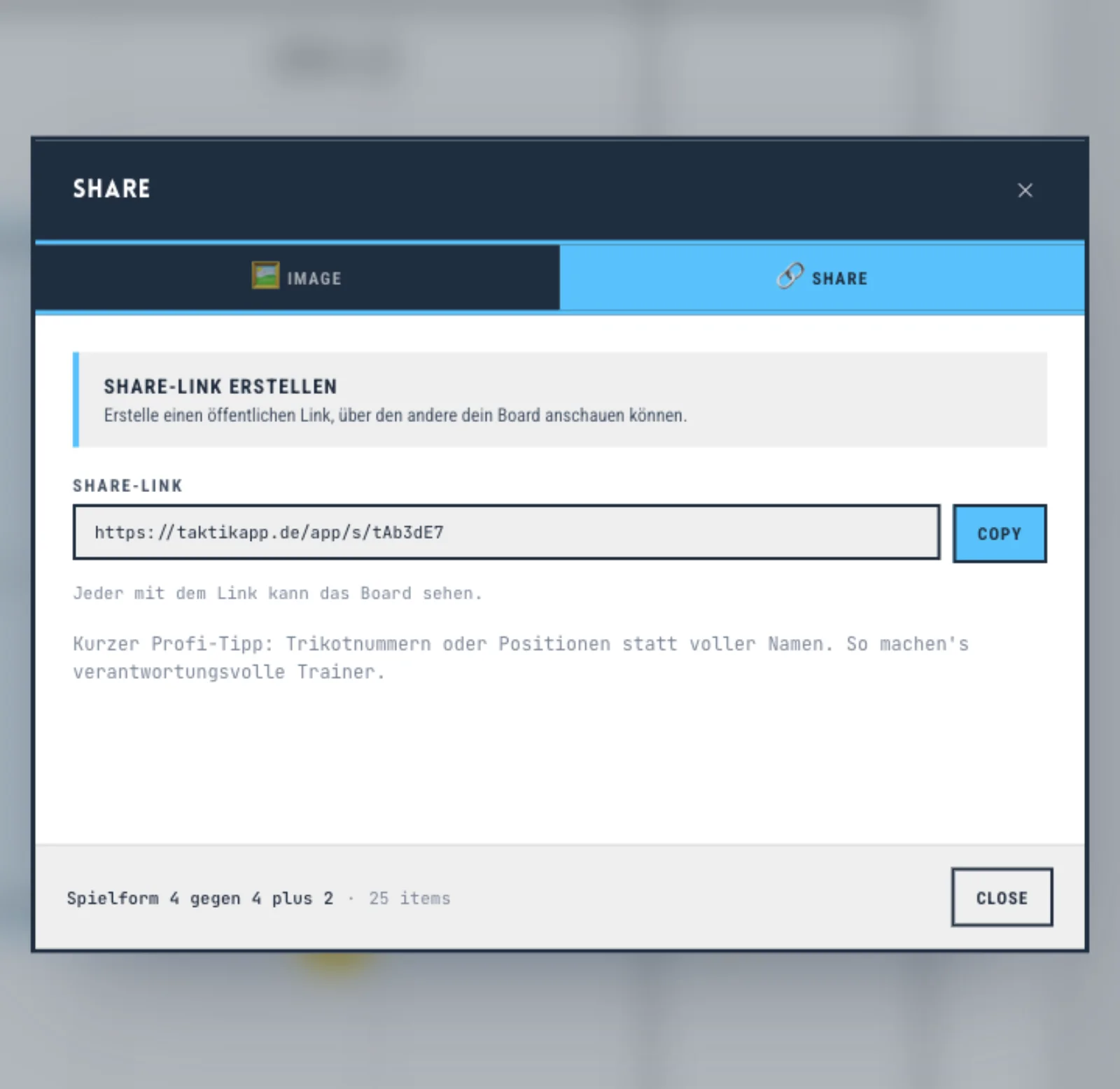 Share dialog, Share tab: copy the share link