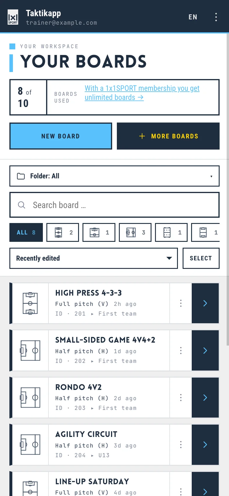 Board overview on a phone with folders and search