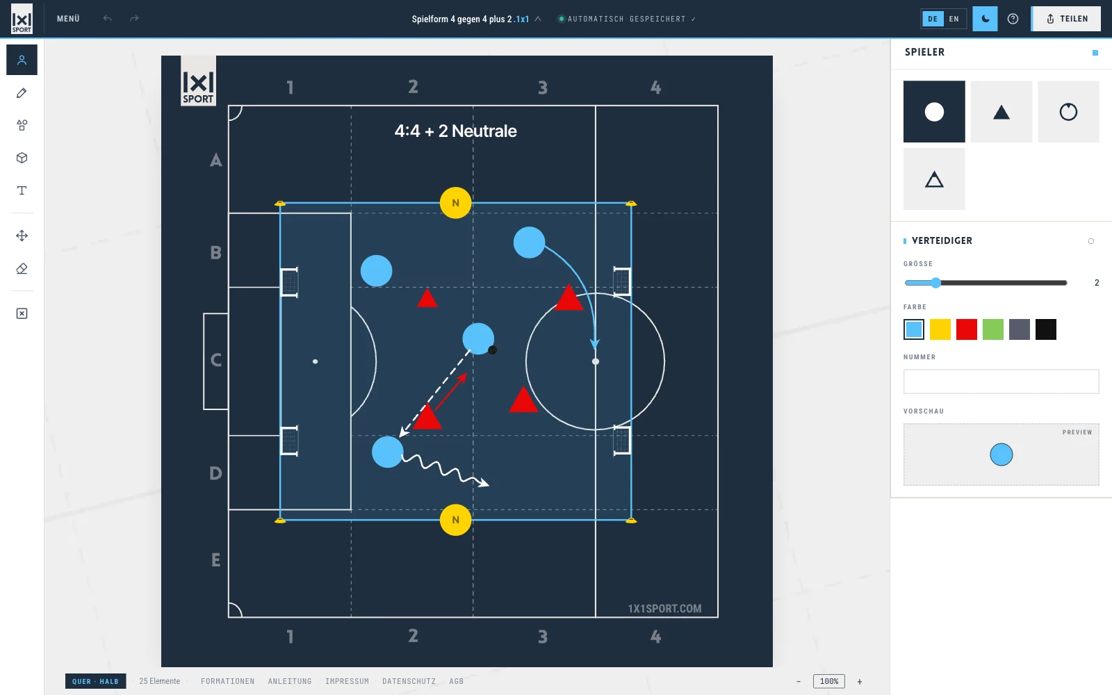 Trainingsgrafik auf dunklem Spielfeld mit Raster für Besprechung am Beamer