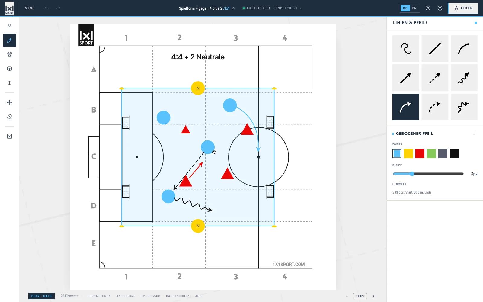 Grafikprogramm für Fußballtrainer: Editor mit Spielform 4 gegen 4 plus 2, Werkzeug Linien und Pfeile mit neun Pfeilarten und Farbauswahl