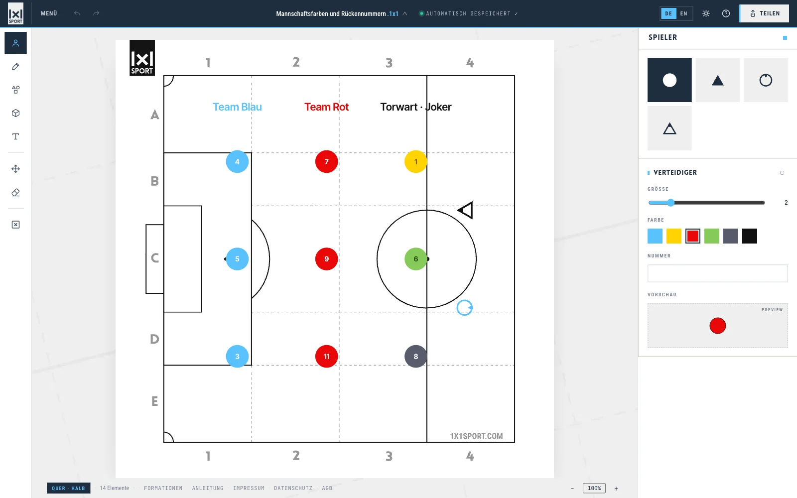 Fußball-Grafik mit Spielern in Blau, Rot, Gelb, Grün und Grau, mit Rückennummern und Spielern mit Blickrichtung