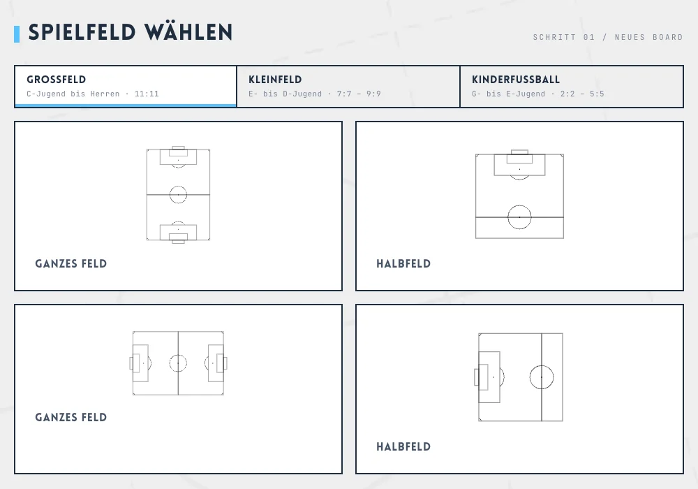 Spielfeld-Vorlagen im Grafikprogramm: Großfeld, Kleinfeld und Kinderfußball, ganzes Feld oder Halbfeld, hochkant oder quer