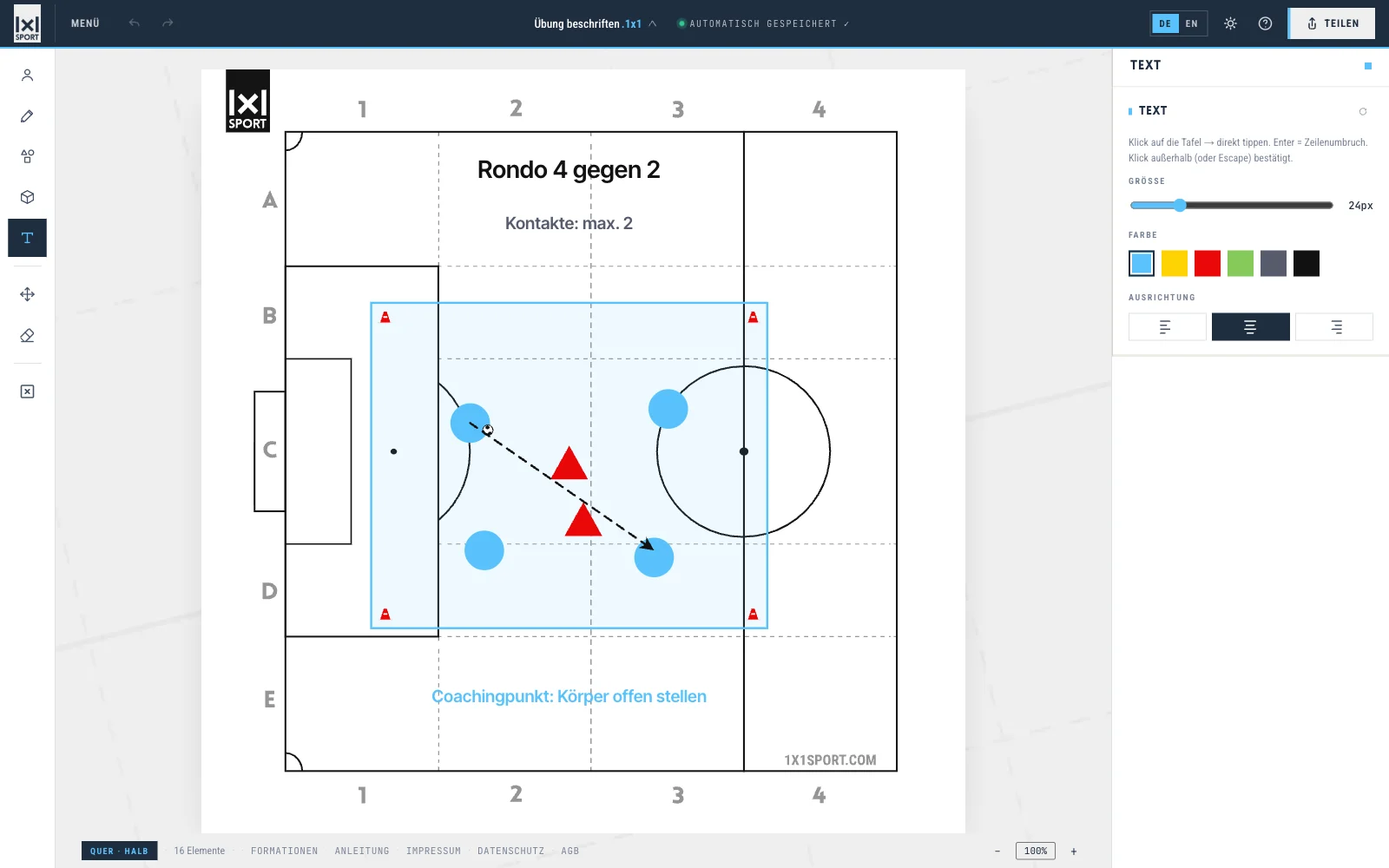 Fußball-Grafik beschriften: Rondo 4 gegen 2 mit Titel, Regel und Coachingpunkt als Text im Bild