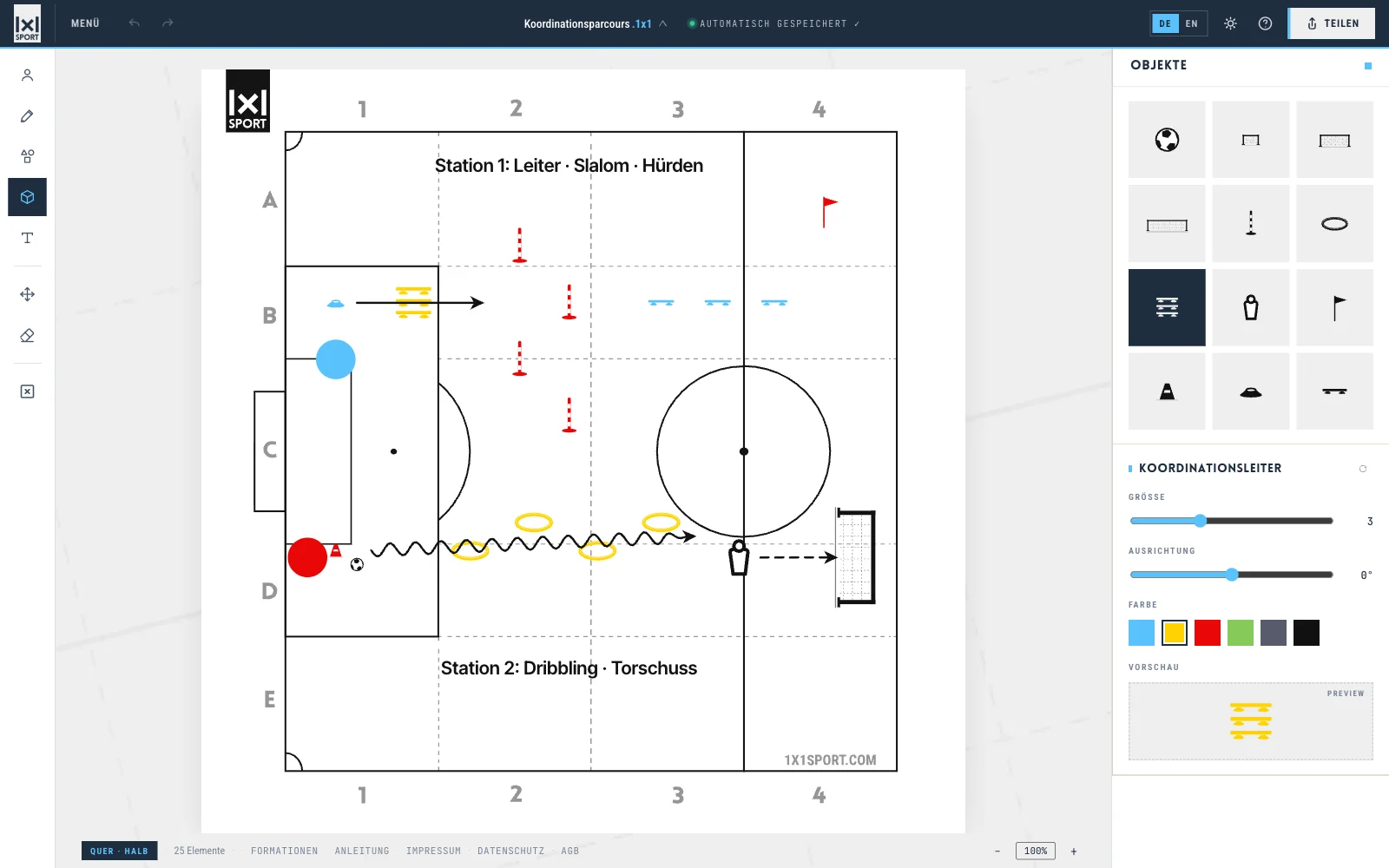 Koordinationsparcours als Fußball-Grafik: Koordinationsleiter, Slalomstangen, Hürden, Reifen, Dummy und Kleinfeldtor