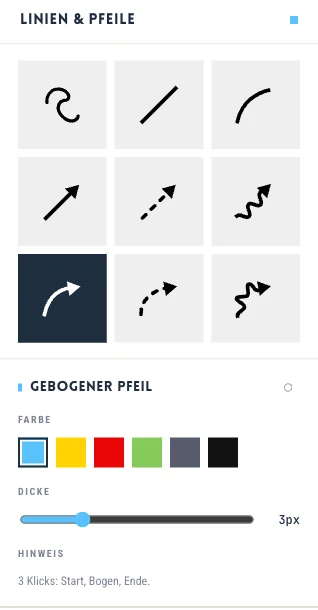 Werkzeug Linien und Pfeile: Freihand, gerade und gebogene Linie, Pfeil, gestrichelter Pfeil und Wellenpfeil, Farbe und Dicke