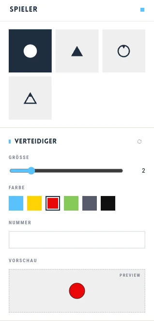 Werkzeug Spieler im Fußball-Grafikprogramm: Kreis, Dreieck, Blickrichtung, Größe, sechs Farben und Rückennummer