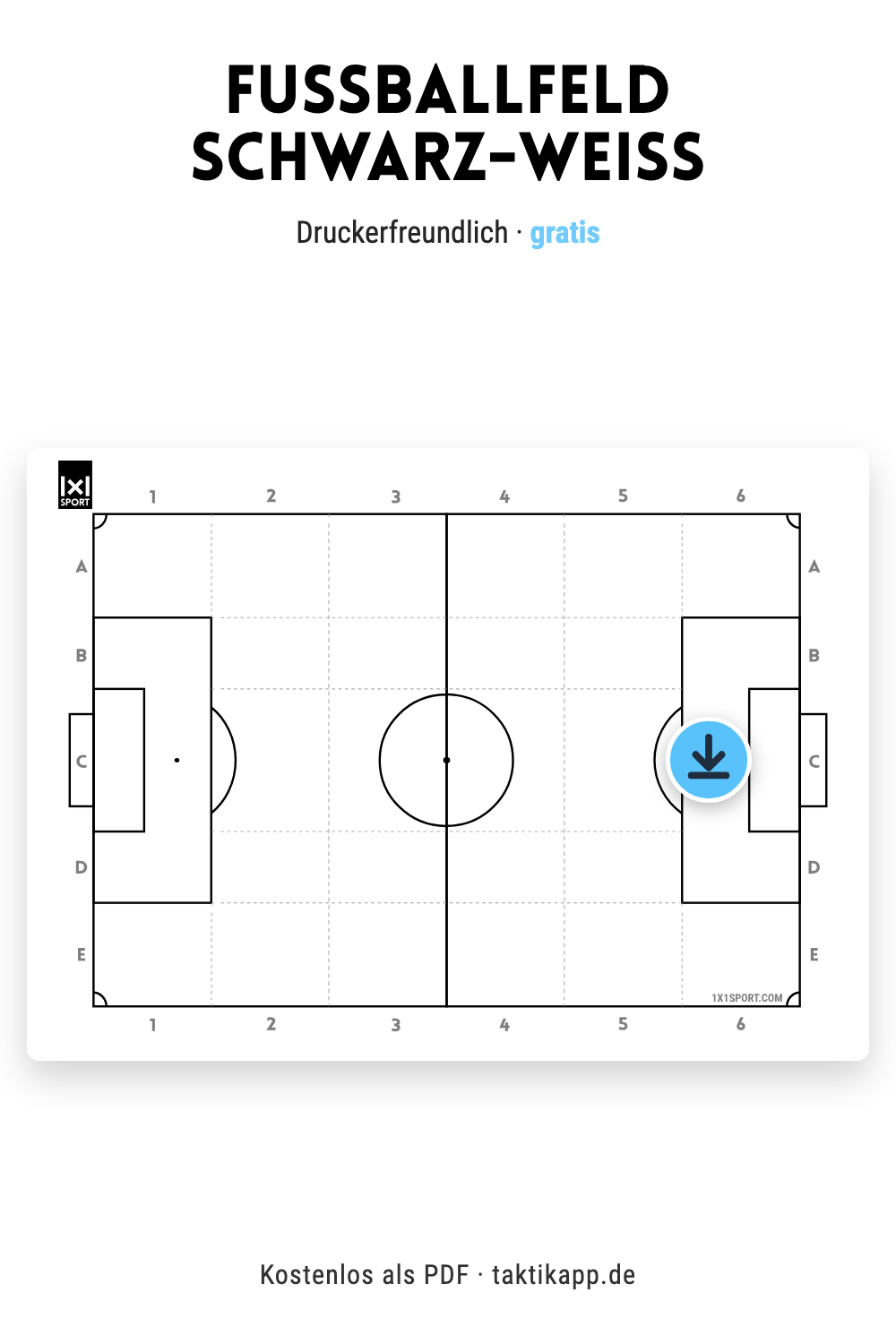 Fußballfeld schwarz weiß – druckerfreundliche Vorlage (PDF)