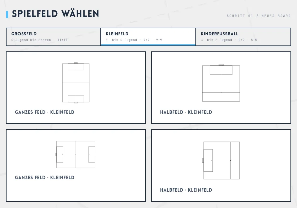 Spielfeld für die Übung wählen: Kleinfeld, ganzes Feld oder Halbfeld