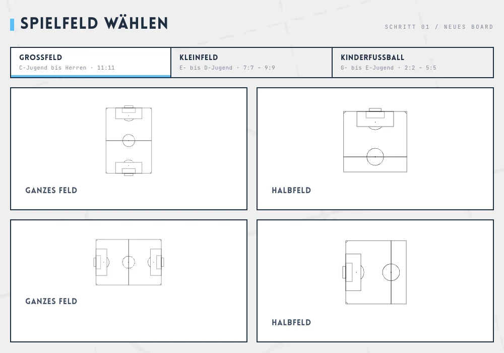Spielfeldvorlagen wählen: Großfeld, Kleinfeld und Kinderfußball, ganz oder halb
